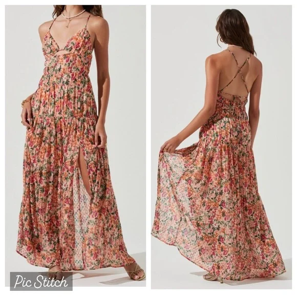 ASTR the label tropics plunge maxi dress in peach fuchsia floral - Picture 2 of 12